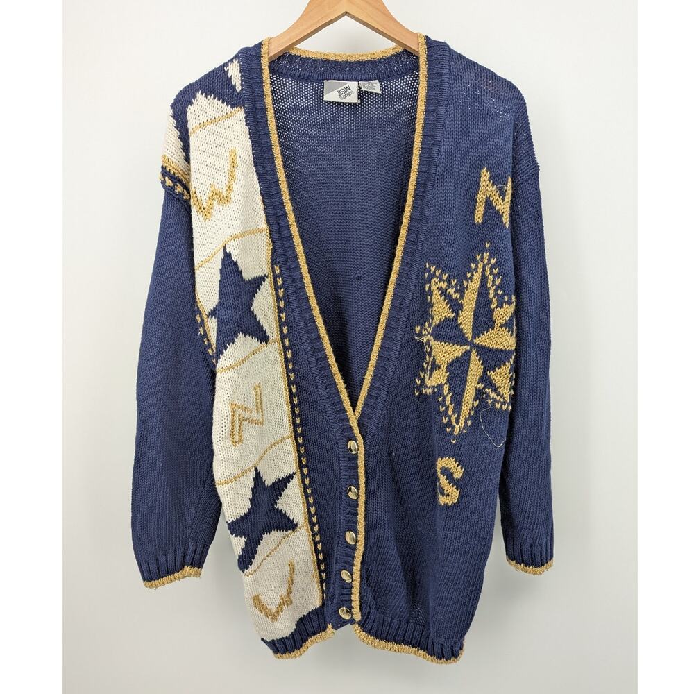 Vintage Jason Maxwell Nautical Cardigan Womens M Navy Gold White Boat Sweater